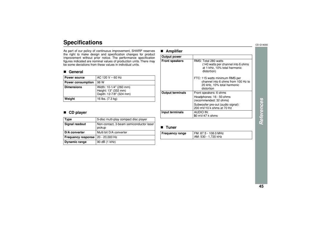 Sharp G14000 operation manual Specifications, Amplifier 