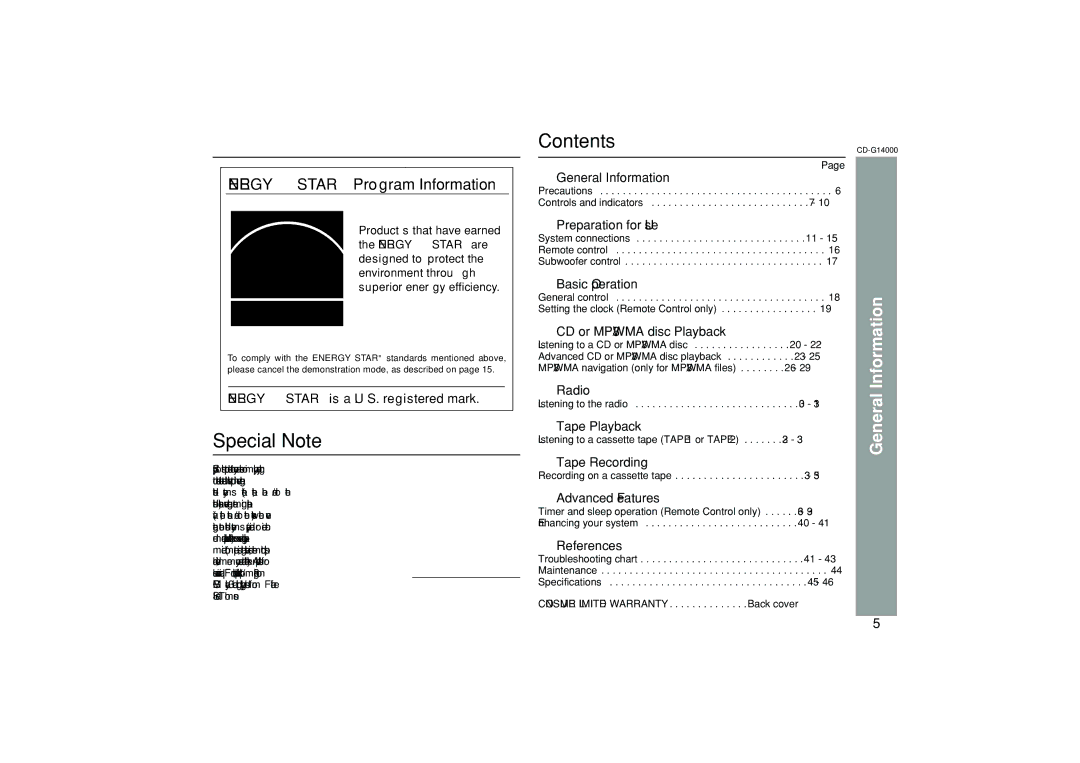 Sharp G14000 operation manual Special Note Contents 