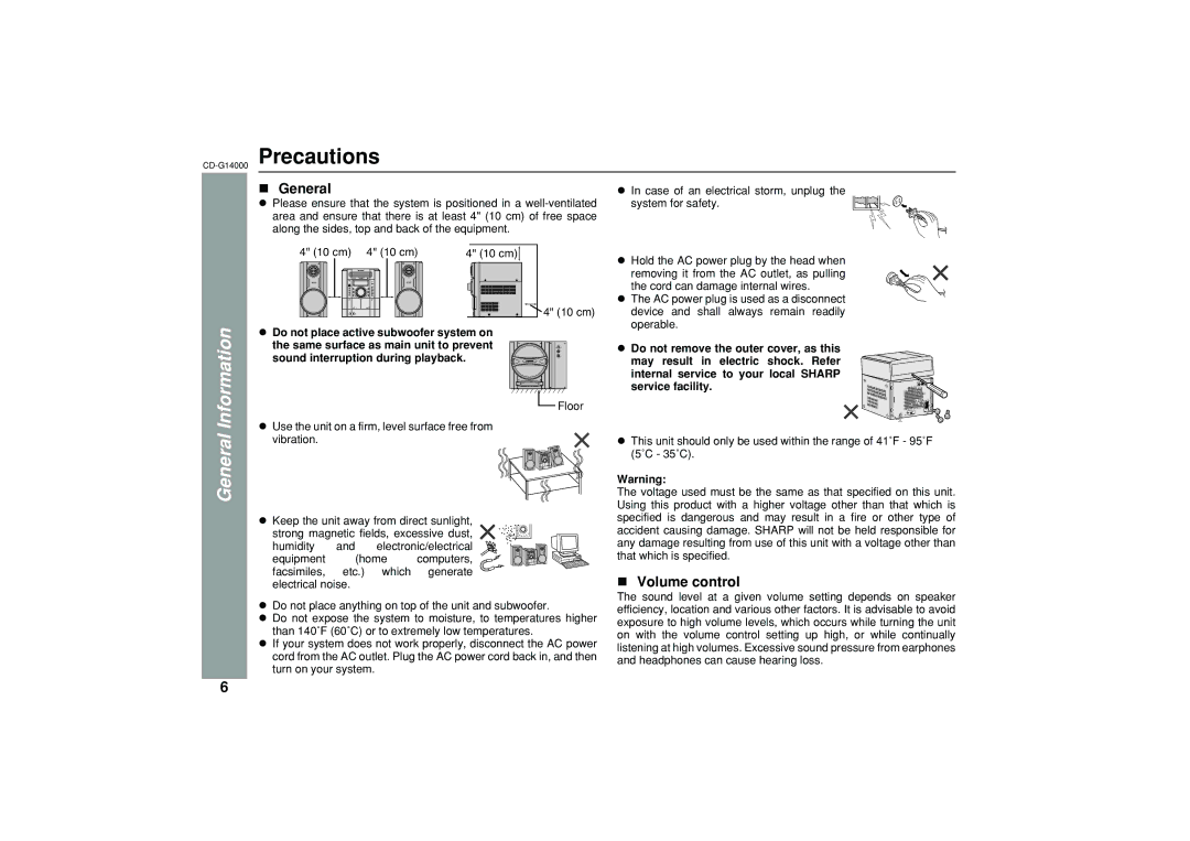 Sharp operation manual CD-G14000Precautions, General, Volume control 