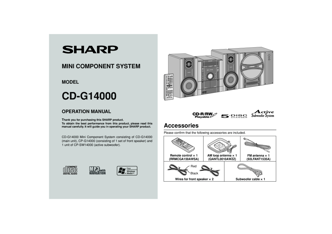 Sharp operation manual Mini Component System, Accessories, Model, CD-G14000 