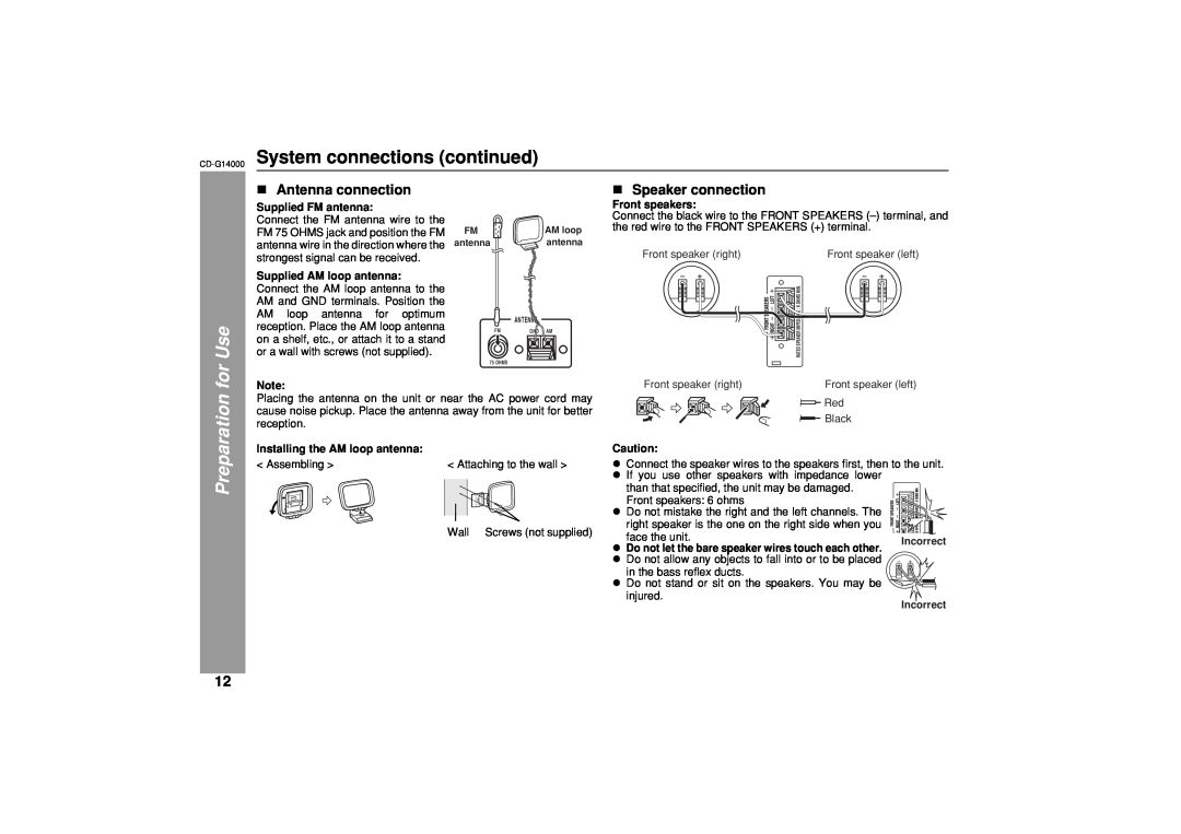 Sharp G14000 operation manual System connections continued, Preparation for Use, Antenna connection, Speaker connection 