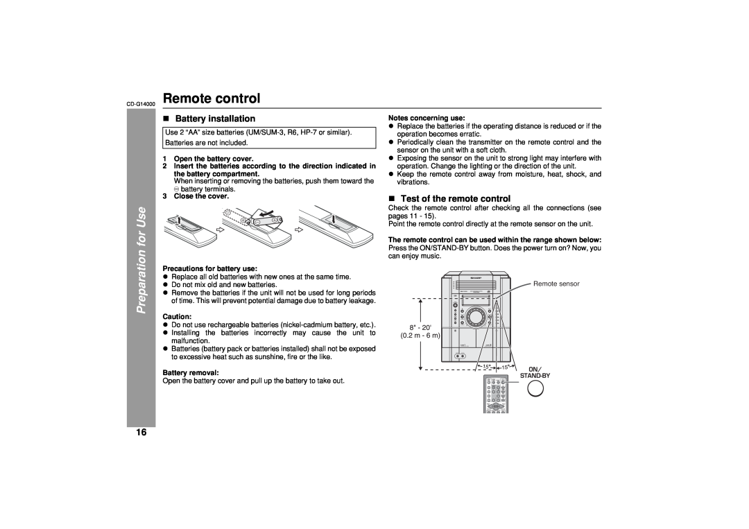 Sharp operation manual CD-G14000 Remote control, Battery installation, Test of the remote control, Preparation for Use 