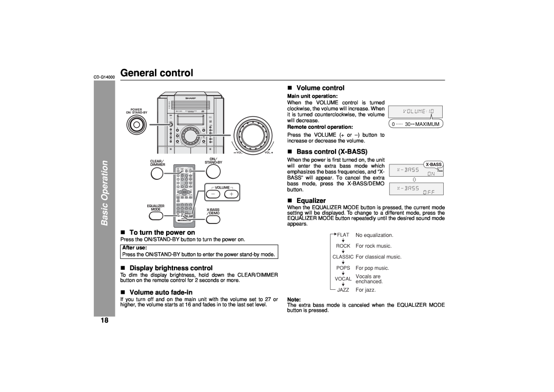 Sharp CD-G14000 General control, Basic Operation, To turn the power on, Display brightness control, Volume auto fade-in 