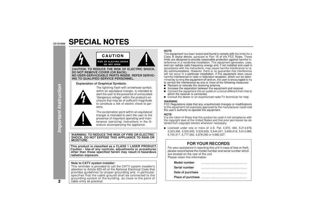Sharp operation manual CD-G14000 SPECIAL NOTES, Important Instruction, For Your Records 