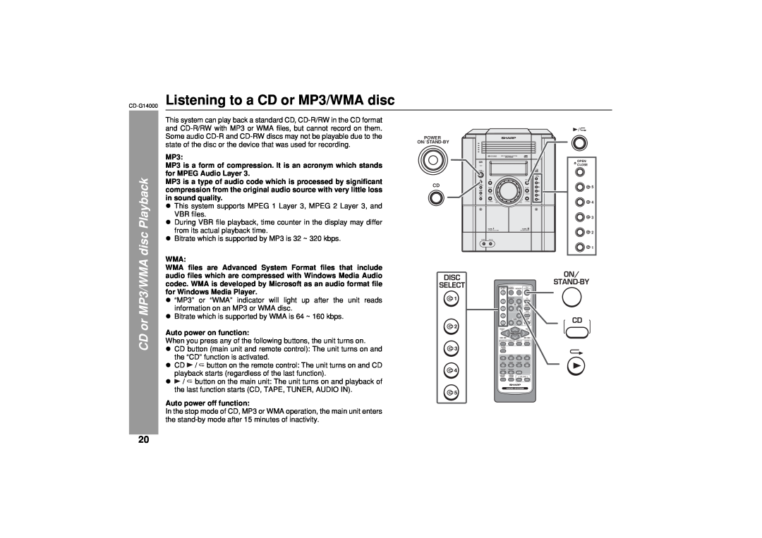 Sharp operation manual CD-G14000 Listening to a CD or MP3/WMA disc, CD or MP3/WMA disc Playback 