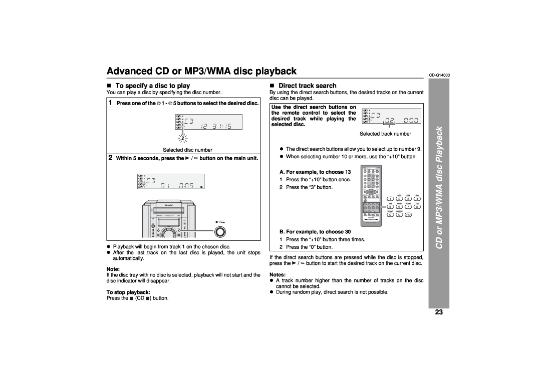 Sharp G14000 operation manual Advanced CD or MP3/WMA disc playback, To specify a disc to play, Direct track search 