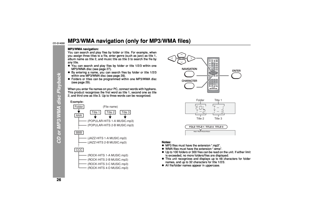 Sharp G14000 operation manual CD or, Playback, MP3/WMA navigation 
