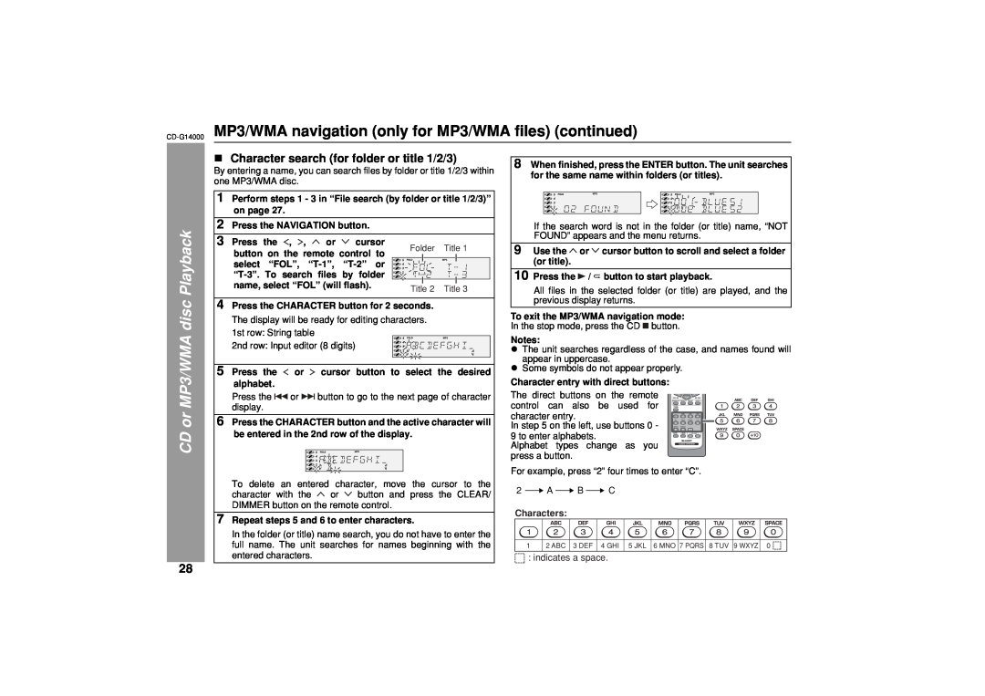 Sharp G14000 operation manual Character search for folder or title 1/2/3, CD or MP3/WMA disc Playback 