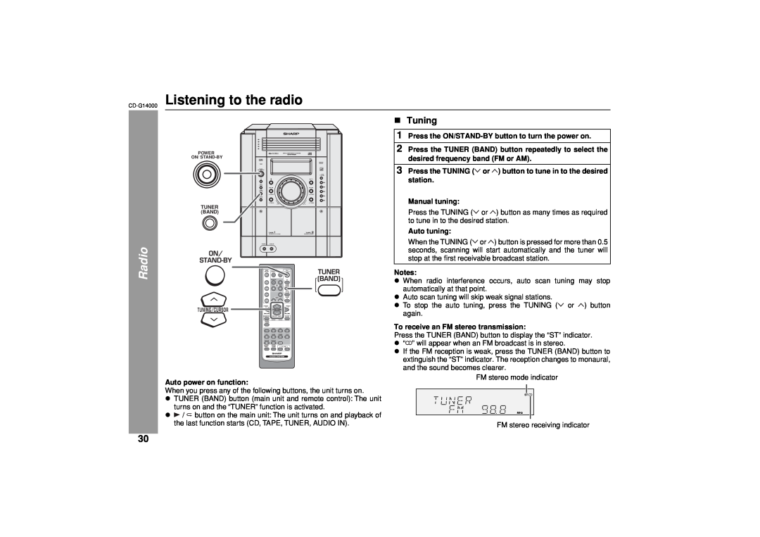 Sharp G14000 operation manual Listening to the radio, Radio, Tuning 