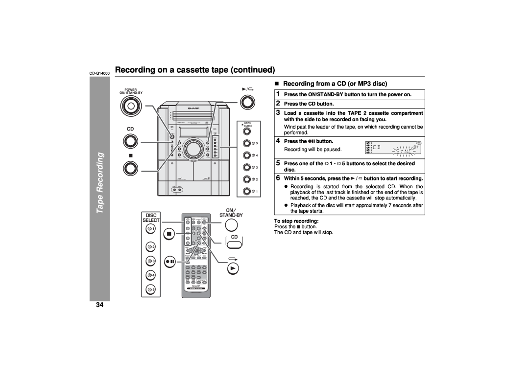 Sharp G14000 operation manual Recording on a cassette tape continued, Recording from a CD or MP3 disc, Tape Recording 