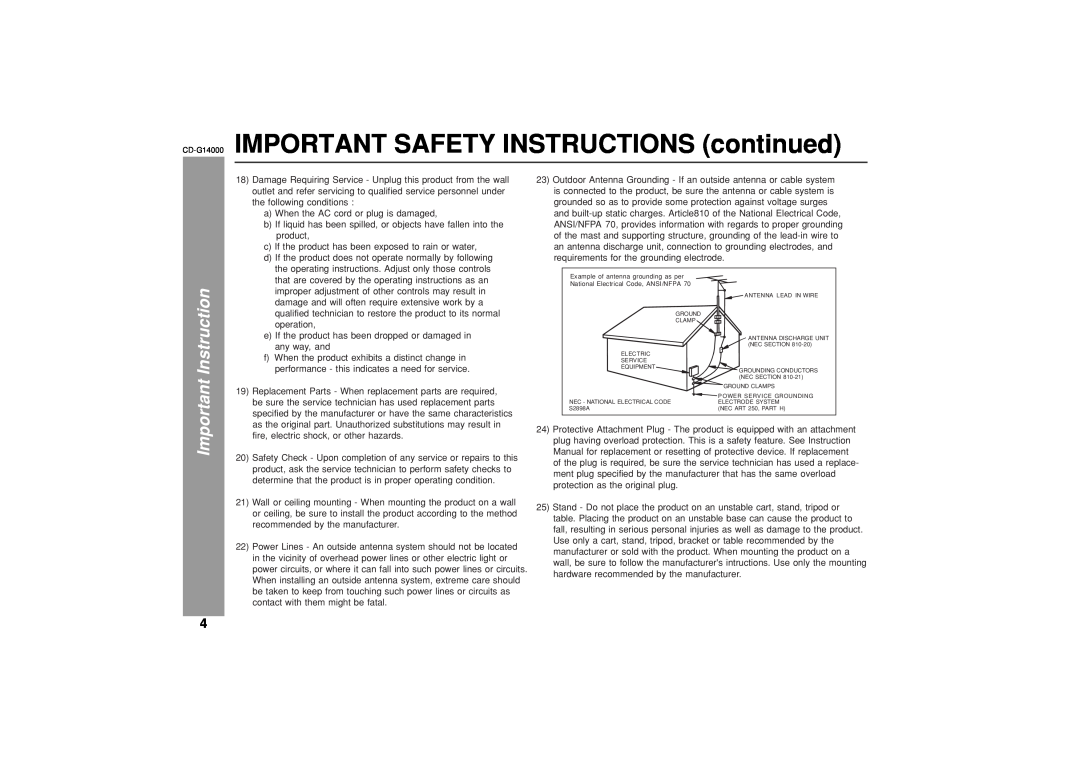 Sharp operation manual CD-G14000 IMPORTANT SAFETY INSTRUCTIONS continued, Important Instruction 