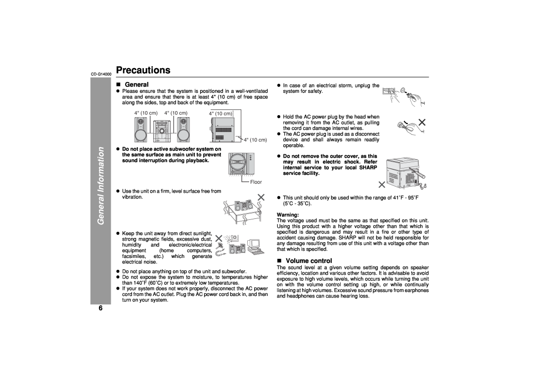 Sharp operation manual CD-G14000 Precautions, Volume control, General Information 