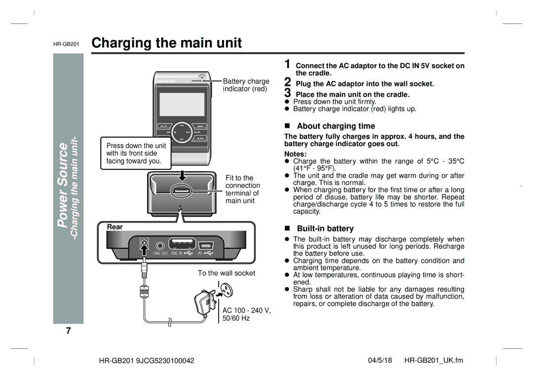 Sharp GB201 operation manual Power Source -Charging the main unit, About charging time, Built-in battery, Rear 