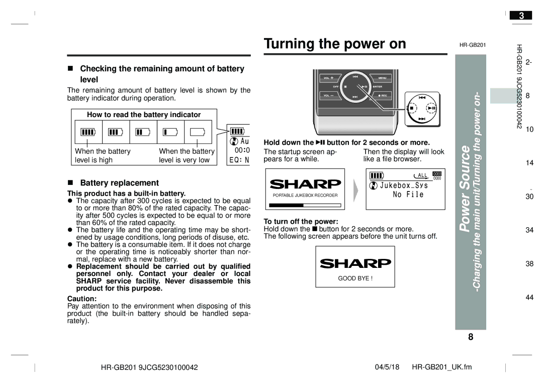 Sharp GB201 Turning the power on, Source the power, Charging the main, Checking the remaining amount of battery Level 