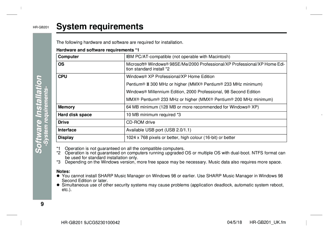 Sharp GB201 operation manual System requirements, Software Installation 