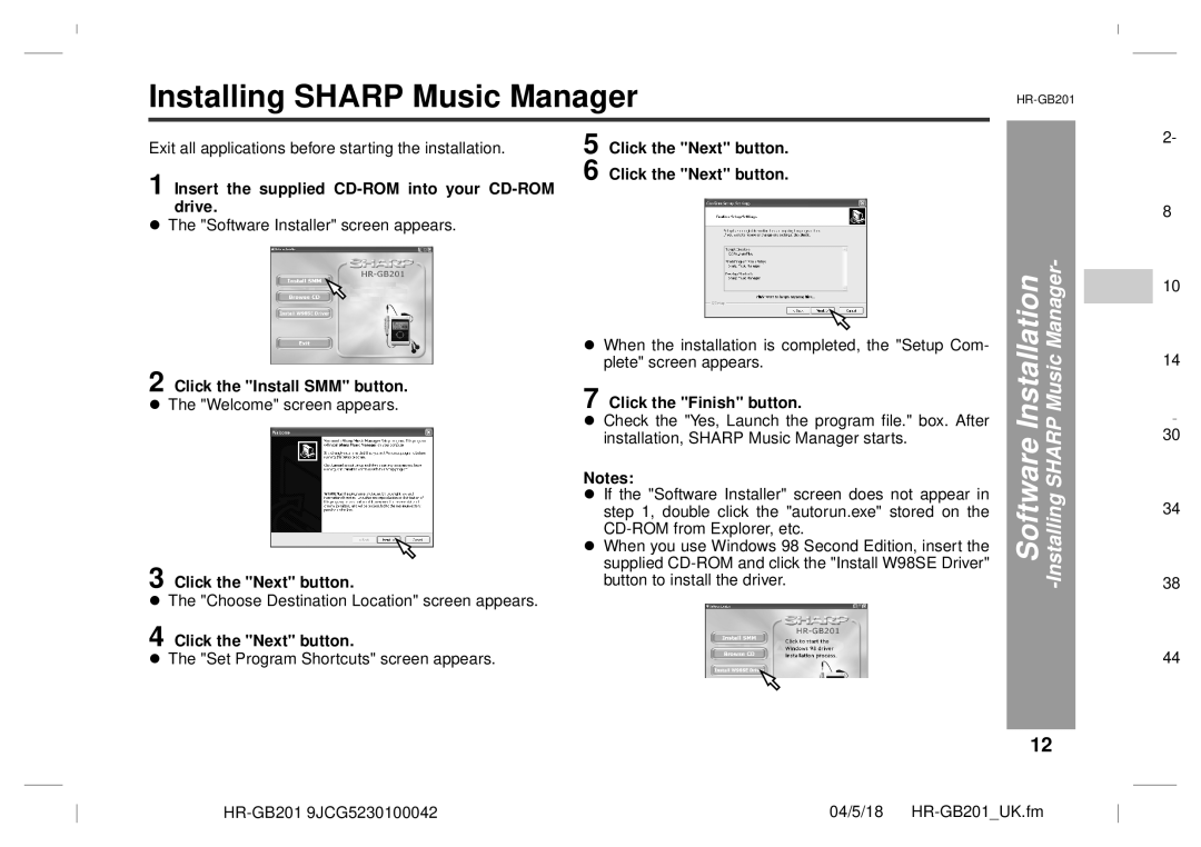 Sharp GB201 operation manual Installing Sharp Music Manager, Software 