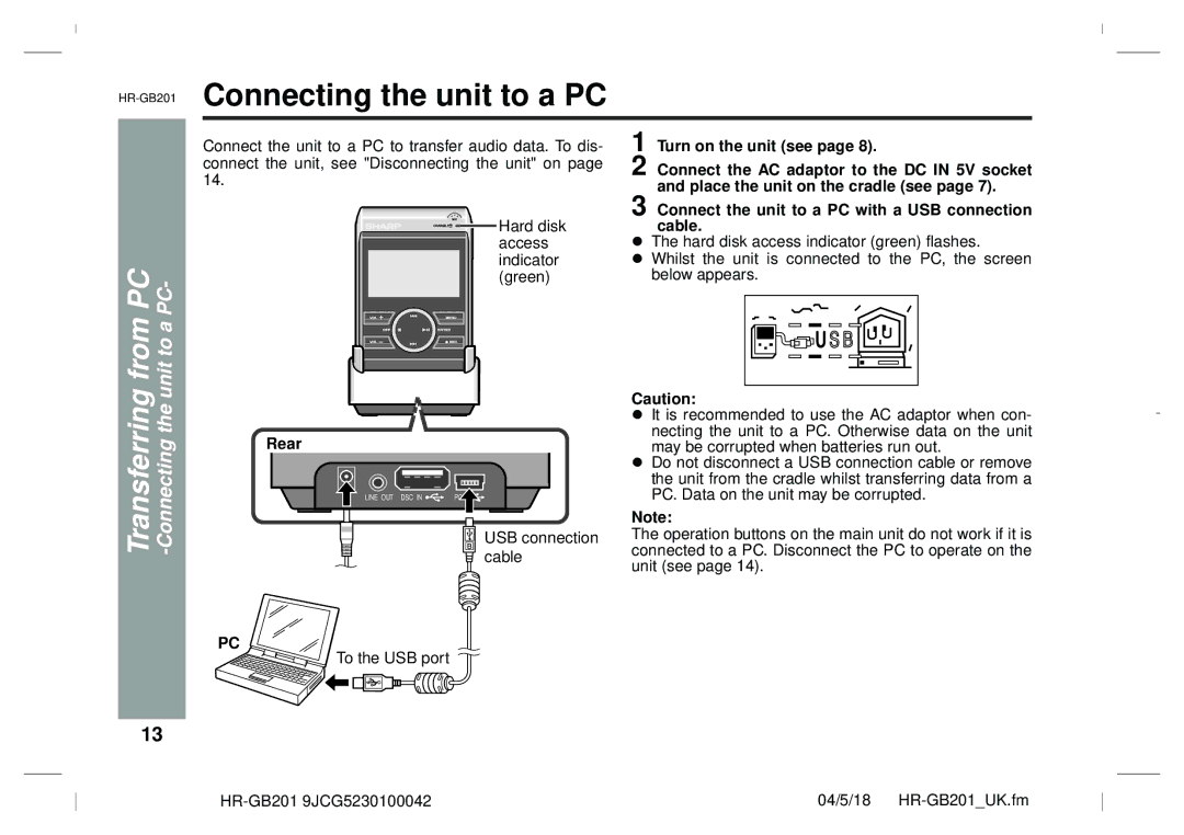 Sharp operation manual HR-GB201Connecting the unit to a PC, Connectingthe unit to a 