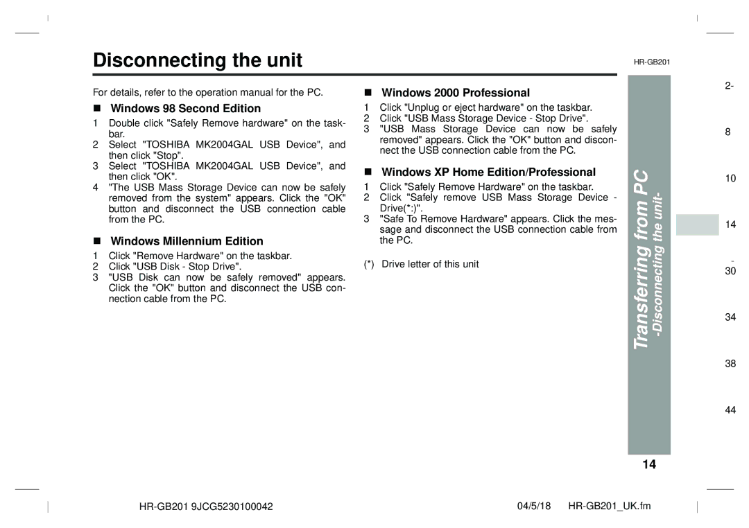 Sharp GB201 operation manual Disconnecting the unit, From PC, Unit 