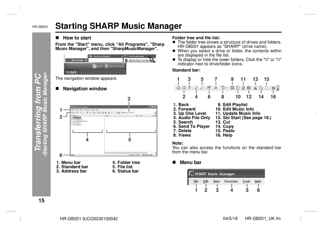 Sharp GB201 operation manual Starting Sharp Music Manager, How to start, Menu bar 