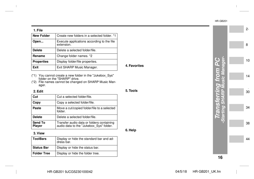 Sharp GB201 operation manual Transferring from PC -Starting Sharp Music Manager 