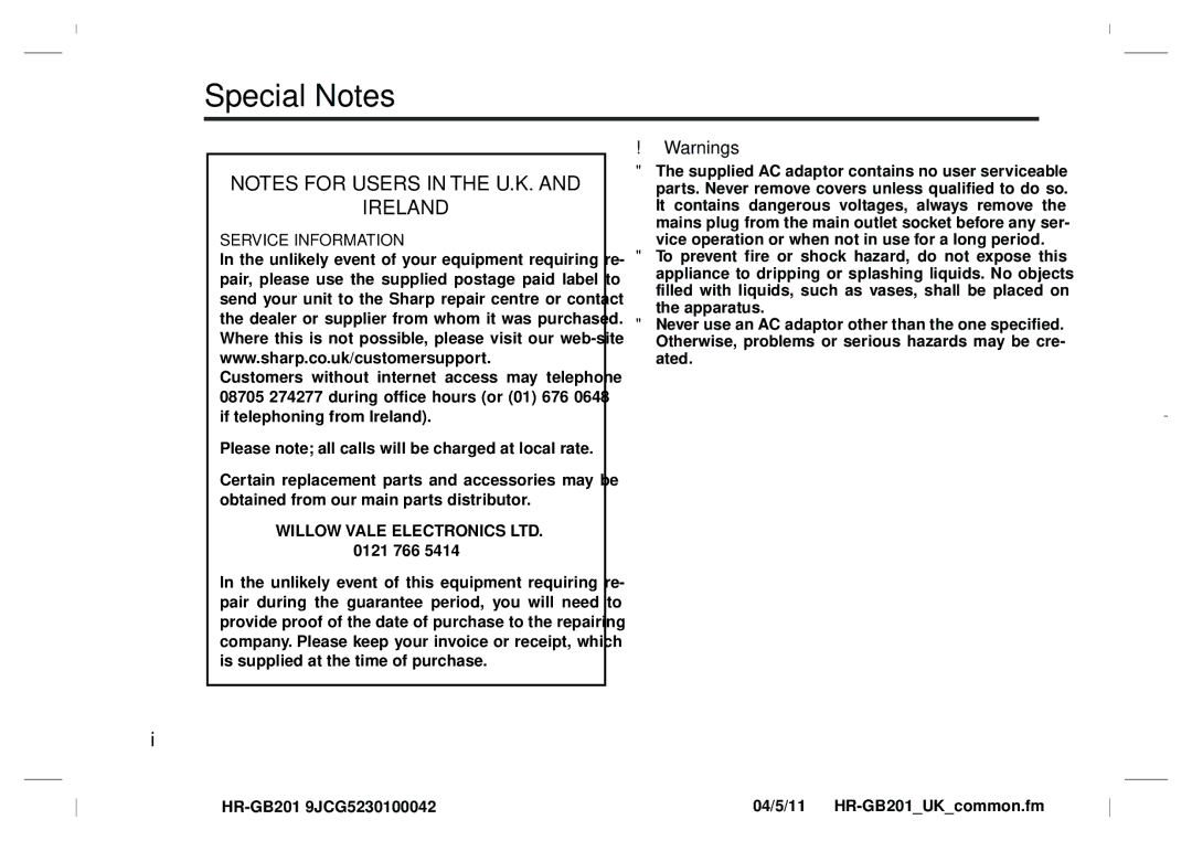 Sharp GB201 operation manual Special Notes, Ireland 