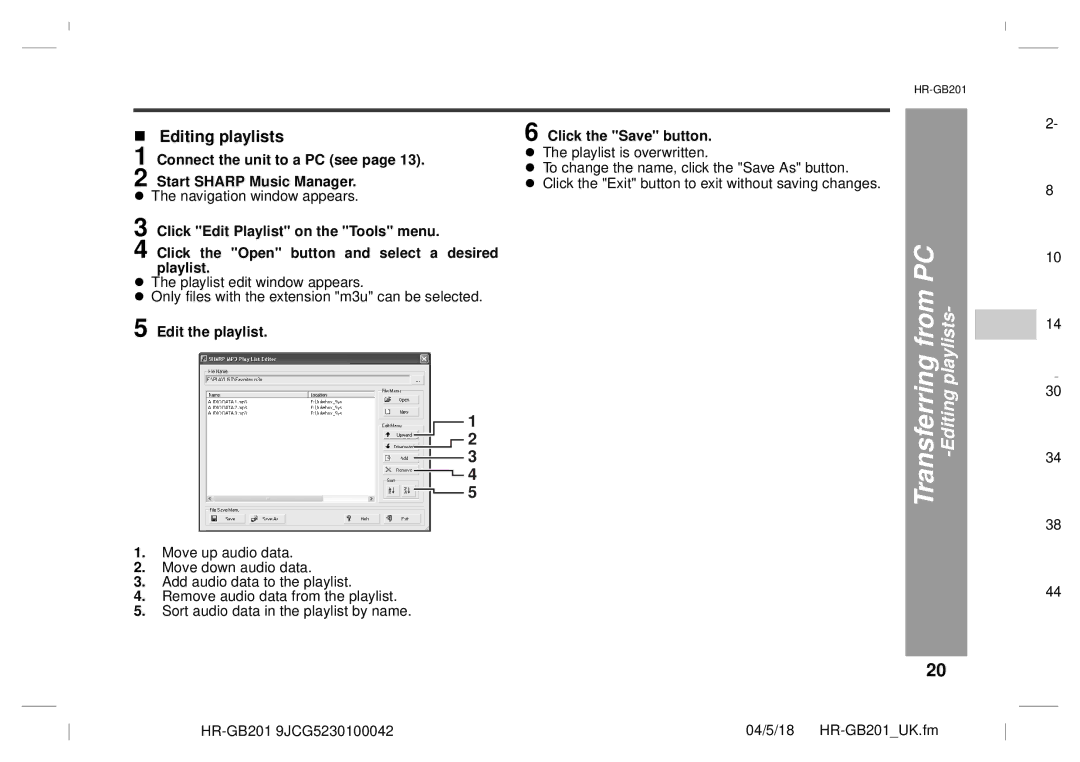 Sharp GB201 operation manual Editing playlists, Edit the playlist 