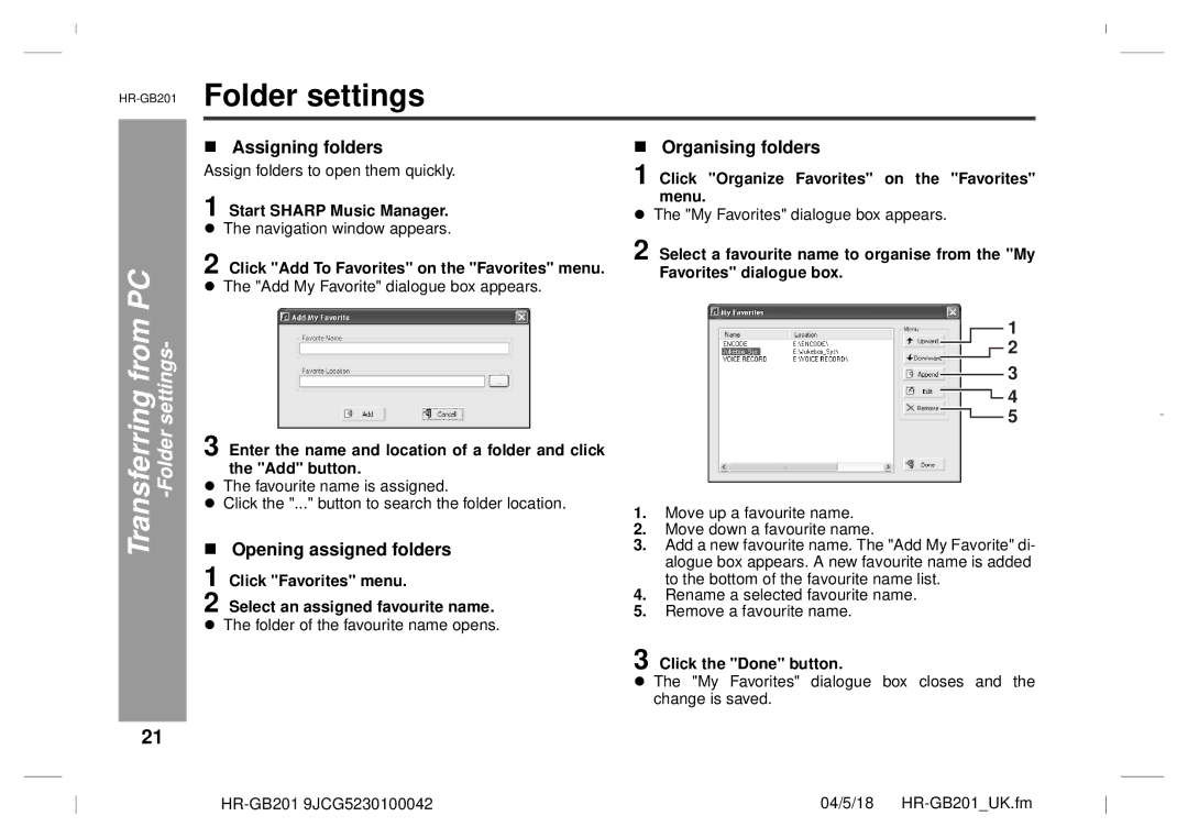 Sharp GB201 Transferring from PC -Folder settings, Assigning folders, Organising folders, Opening assigned folders 