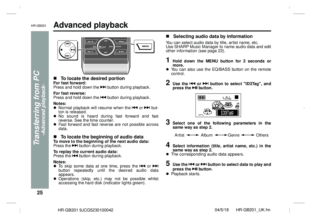 Sharp GB201 operation manual Advanced playback, To locate the desired portion, Selecting audio data by information 