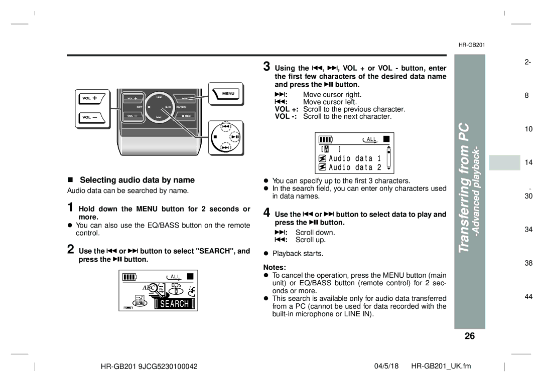 Sharp GB201 operation manual Transferring from PC -Advanced playback, Selecting audio data by name 