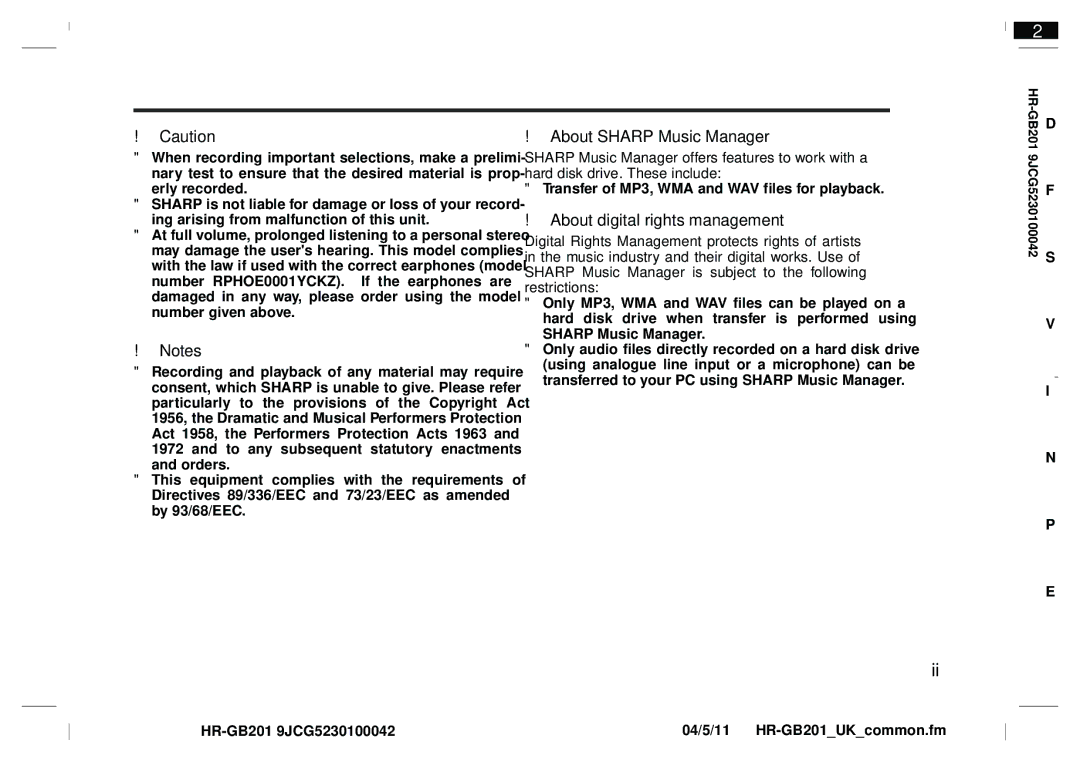 Sharp GB201 operation manual About Sharp Music Manager, About digital rights management 