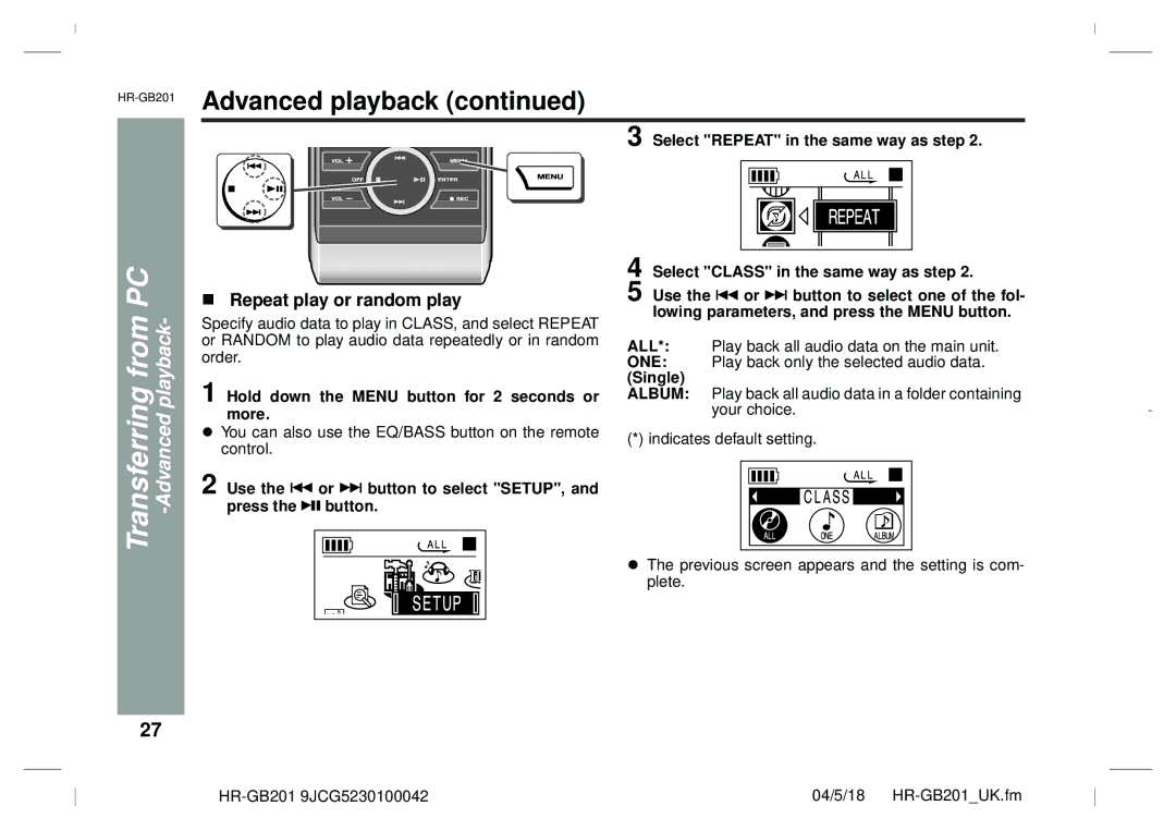 Sharp GB201 operation manual Repeat play or random play 