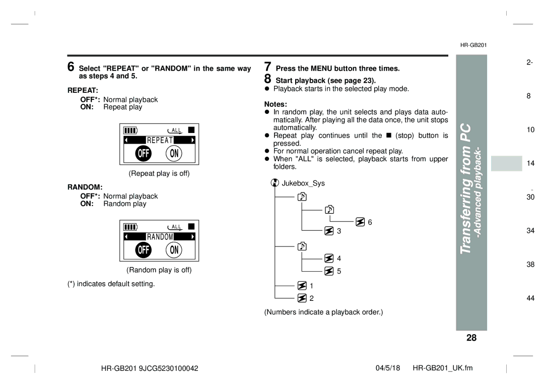 Sharp GB201 operation manual From PC playback, Select Repeat or Random in the same way as steps 4 