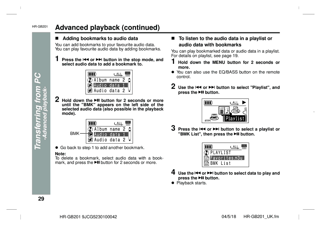 Sharp GB201 operation manual Adding bookmarks to audio data 