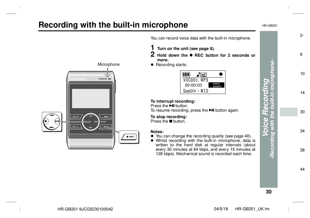 Sharp GB201 operation manual Voice Recording -Recording with the built-in microphone 