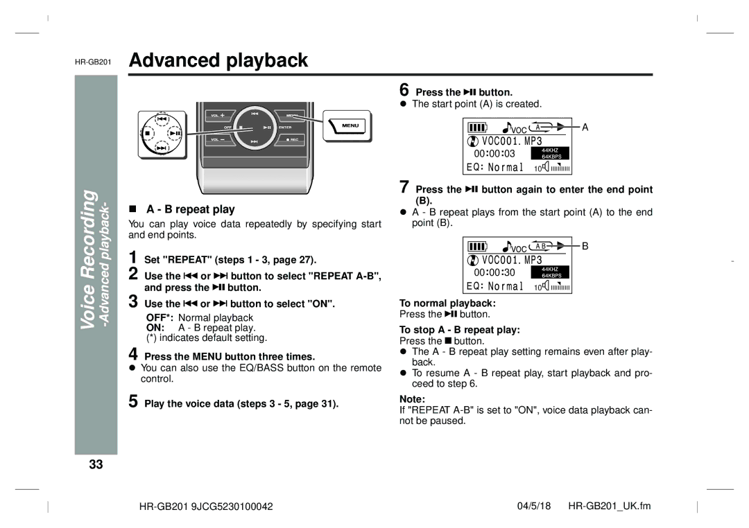 Sharp GB201 operation manual Repeat play 