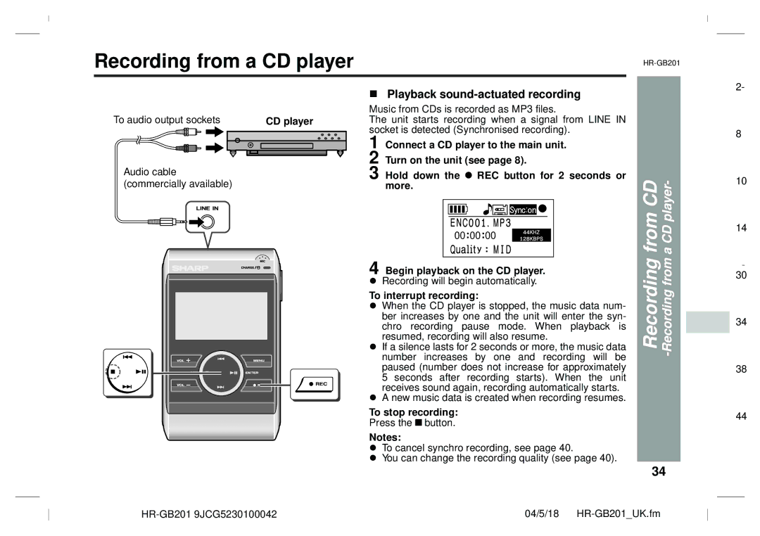 Sharp GB201 operation manual Recording from a CD player, From CD 