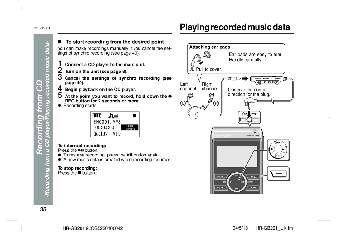 Sharp GB201 operation manual CD musicrecorded -data, FromRecording, To start recording from the desired point 