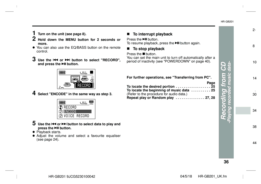 Sharp GB201 operation manual Recording from, Playing recorded music 