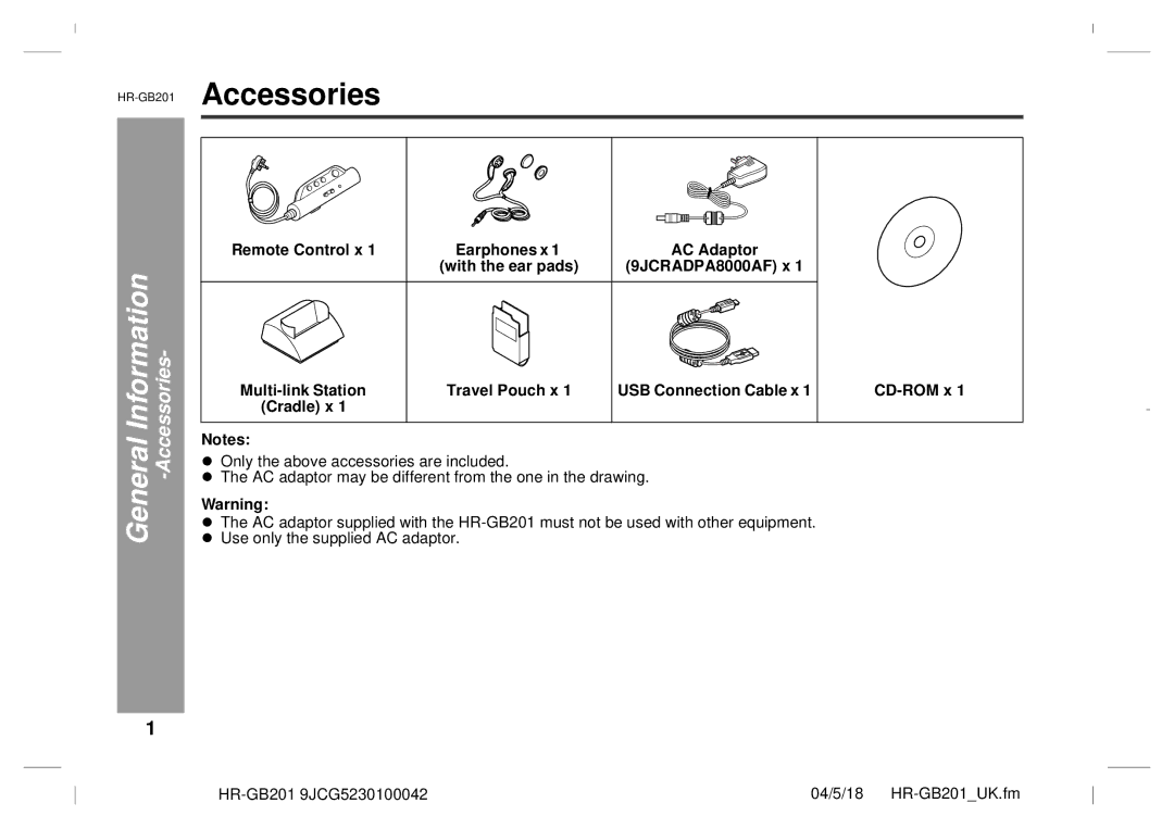 Sharp GB201 operation manual General Information -Accessories 