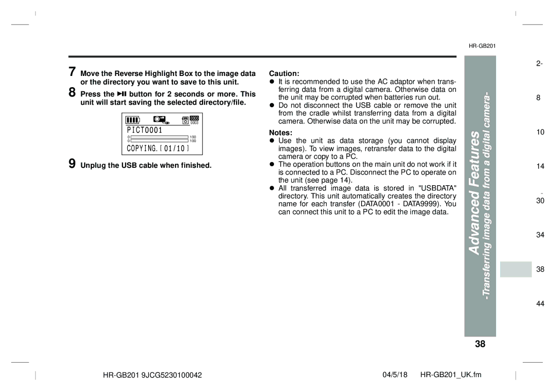 Sharp GB201 operation manual Advanced, Transferring image data, Unplug the USB cable when finished 