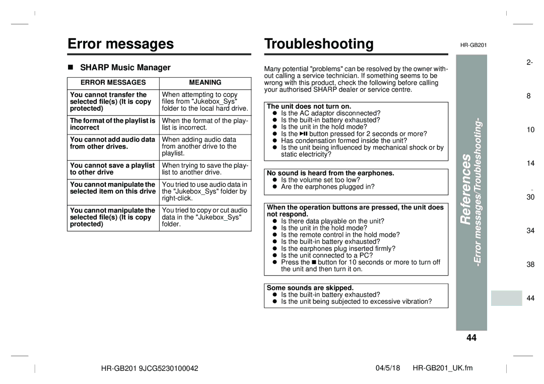 Sharp GB201 operation manual Error messages, Troubleshooting, Sharp Music Manager 