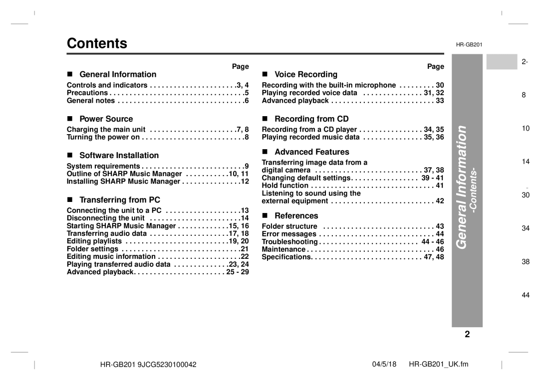 Sharp GB201 operation manual Contents 