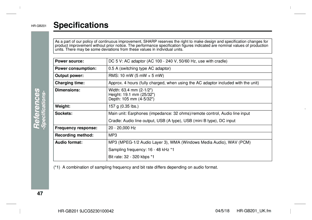 Sharp GB201 operation manual Specifications 