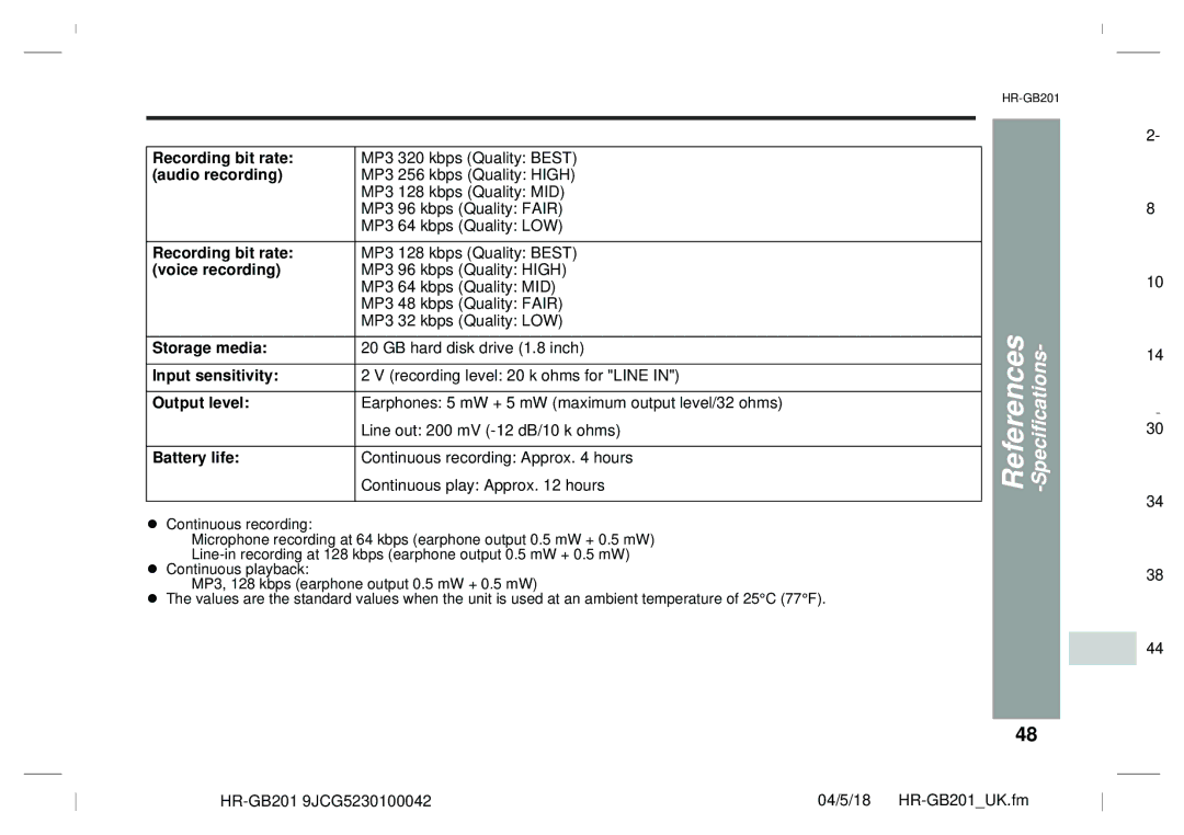 Sharp GB201 Recording bit rate, Audio recording, Voice recording, Storage media, Input sensitivity, Output level 