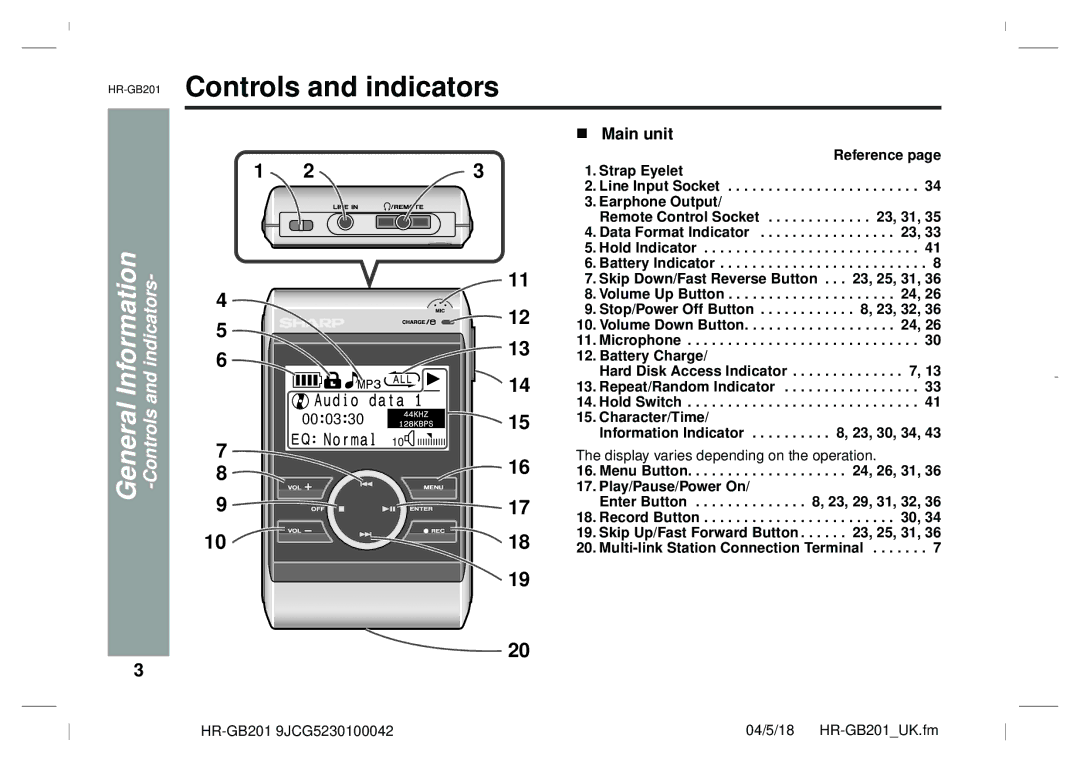 Sharp operation manual HR-GB201Controls and indicators, GeneralInformation, Main unit 