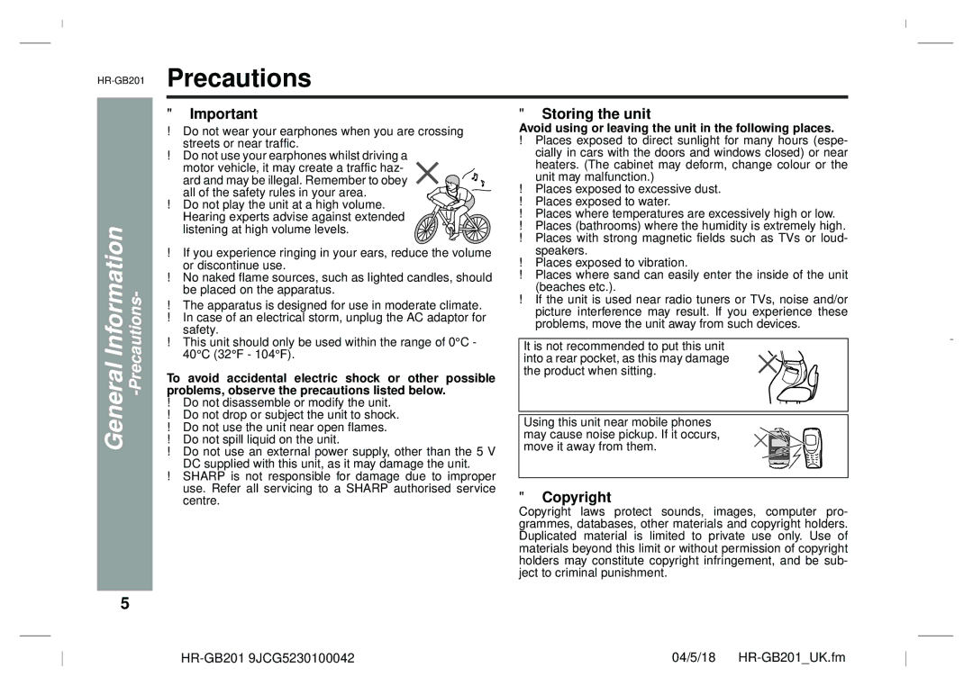 Sharp GB201 operation manual General Information -Precautions, Storing the unit, Copyright 