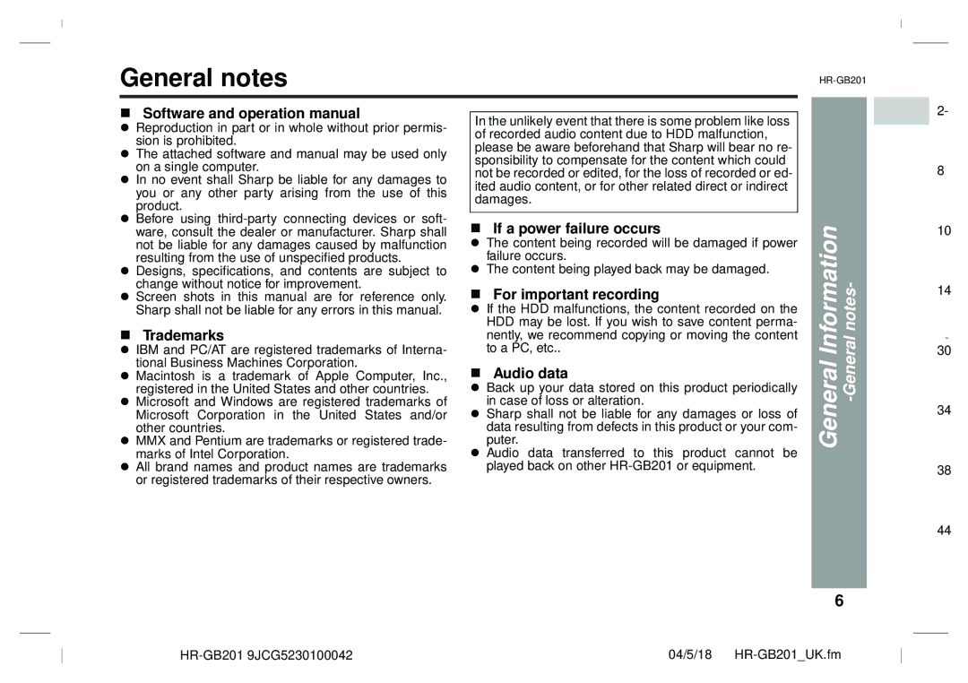 Sharp GB201 operation manual General Information -General notes 