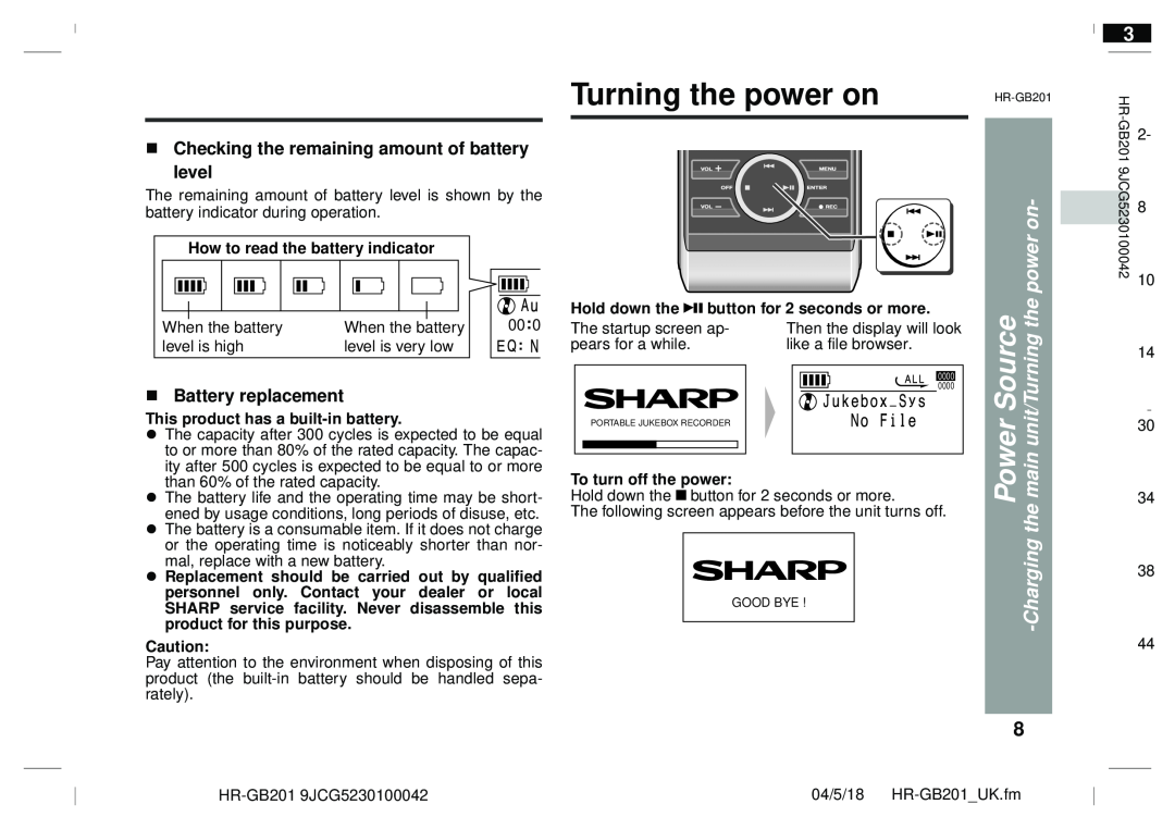Sharp GB201 Turning the power on, Source the power, Charging the main, Checking the remaining amount of battery level 