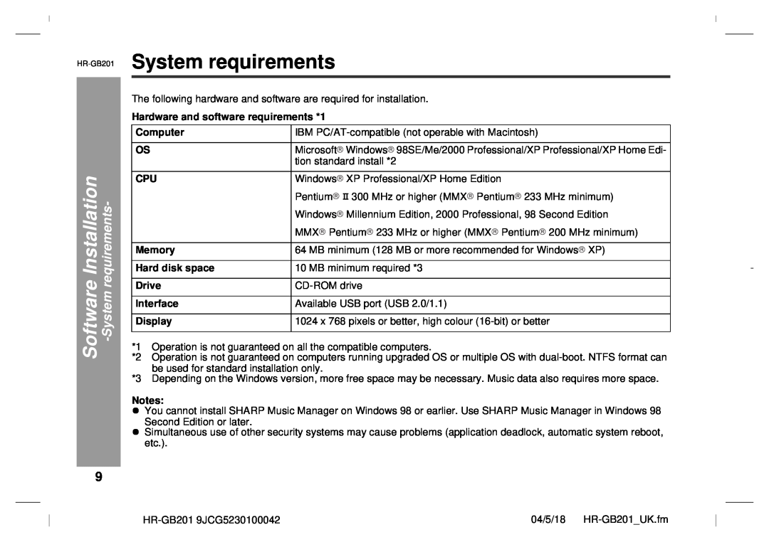 Sharp GB201 System requirements, Software Installation, Hardware and software requirements *1, Computer, Memory, Drive 