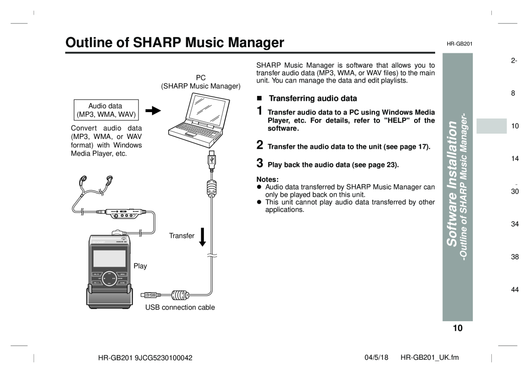 Sharp GB201 Outline of SHARP Music Manager, Transferring audio data, Transfer the audio data to the unit see page 